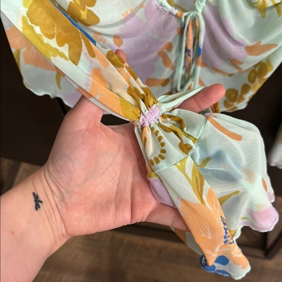 Free People Blue and Yellow Ruched Flutter Sleeve Sheer Blouse - Picture 5 of 6